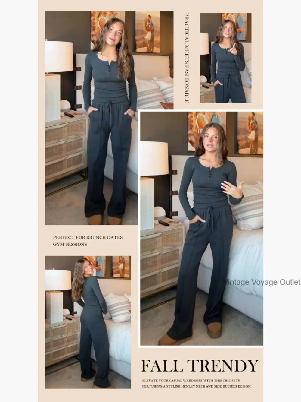 2 Piece Lounge Set Long Sleeve Henley Wide Leg Pants Travel Outfit - Picture 6 of 7